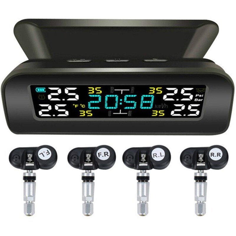 Système De Surveillance Tpms Universel Sans Fil De La Pression Des Pneus, À Énergie Solaire, Horloge, Écran Lcd, 4 Capteurs Externes, Capteurs De Pression Des Pneus