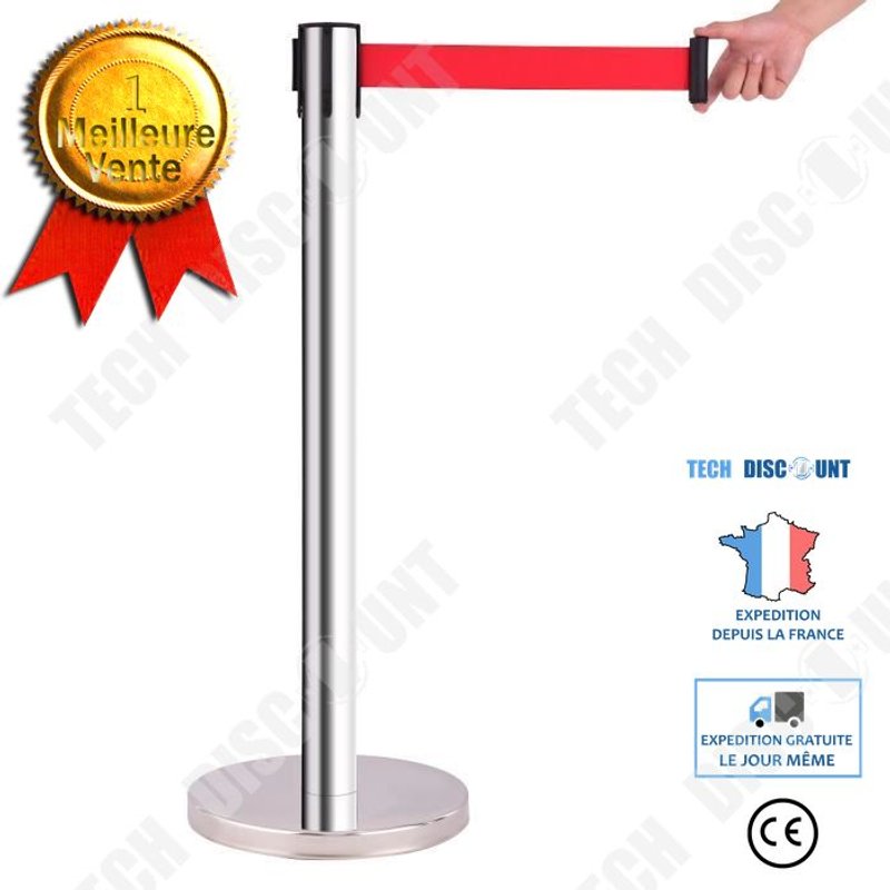 Poteau de Guidage Barrière de Sécurité en Acier Inoxydable avec Sangle Ajustable Rouge de 2m pour Contrôler des Foules