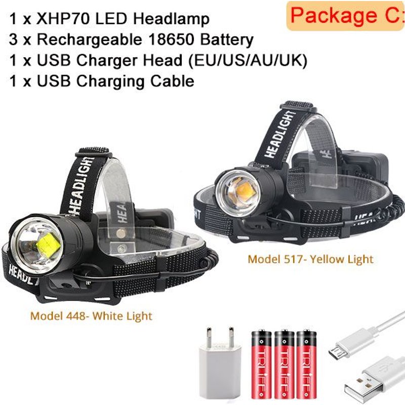 Lumière blanche de 6000k - Lampe avant lampe torche XHP Rechargeable par USB (XHP70.2), en jaune et blanc, avec piles 3 x Led très brillante x 18650 rechargeables par USB