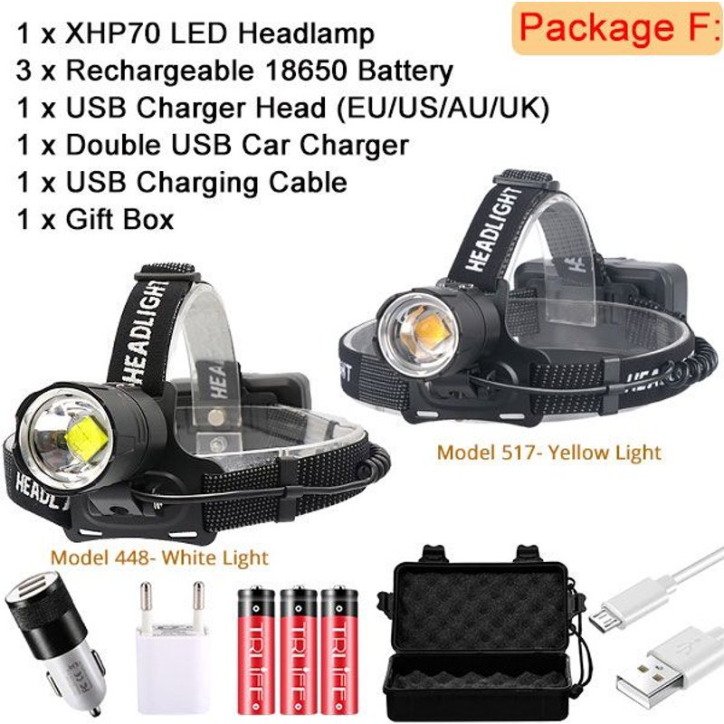 Lumière blanche de 6000k - Lampe avant lampe torche XHP Rechargeable par USB (XHP70.2), en jaune et blanc, avec piles 3 x Led très brillante x 18650 rechargeables par USB