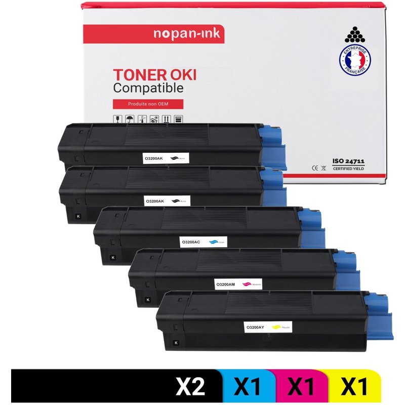 5 Toner pour OKI 43034808 Black x2 + Cyan + Magenta + Jaune 1500 Pages avec OKI C 3100 OKI C 3200 OKI C 3200 N OKI C 3200 Series