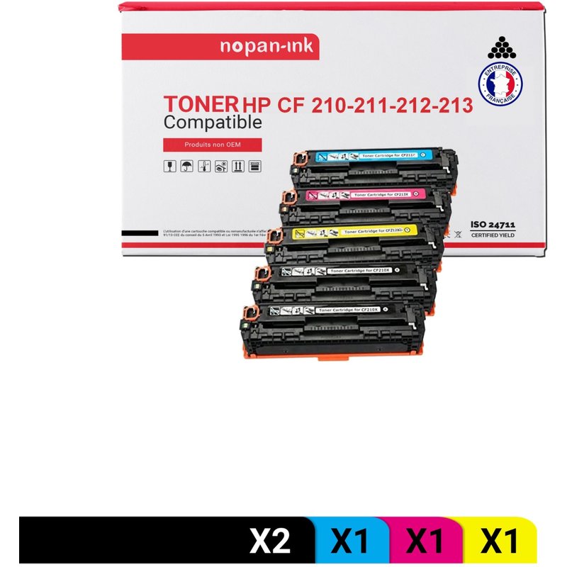 5 Toner pour HP CF210X (x2) + CF211A + CF213A + CF212A Black x2 + Cyan + Magenta + Jaune BK:2400 CMY:1800 Pages avec P LaserJet Pro 200 color MFP M276n P LaserJet Pro 200 color MFP M276nw P LaserJet P