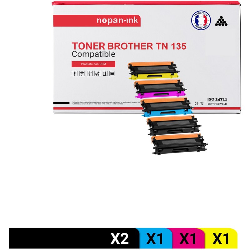 5 Toner pour Brother TN 135 Black x2 + Cyan + Magenta + Jaune BK:5000 CMY:4000 Pages avec Brother L-4040CN 4040CDN 4070CDW, MFC-9440CN 9450CDN 9840CN 9840CDW 9842CDW 9940CN, DCP-9040CN 9045CDN