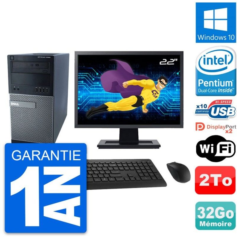 PC Tour Dell 9020 Ecran 22" Intel G3220 RAM 32Go Disque Dur 2To Windows 10 Wifi