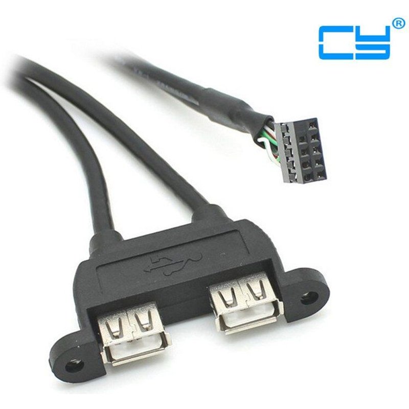 Double USB 2.0 Type A femelle vers carte mère, câble d'en tête à 9 broches avec trous de vis pour le panneau, 30cm 50cm 80cm