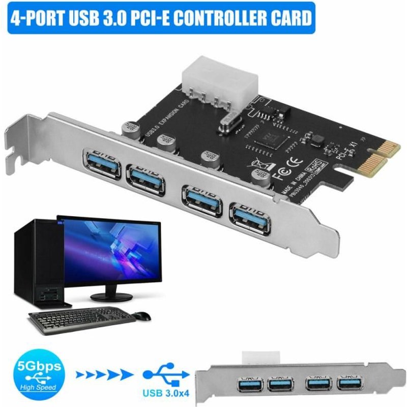 Carte d'extension PCI E vers USB 3.0 HUB, adaptateur professionnel, 1x4 broches, alimentation pour ordinateur de bureau, 1x