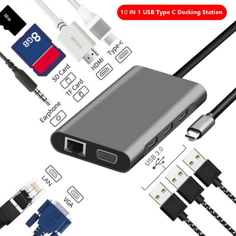 Station d'accueil HUB USB 3.0 Type C, adaptateur 4K HDMI, VGA RJ45, convertisseur 10 en 1 pour Macbook Pro Hub Thunderbolt 3