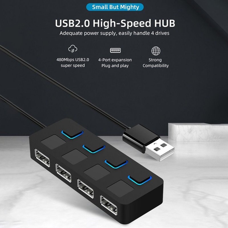 Répartiteur USB 2.0 Multi USB 2.0, 4 Ports d'extension, adaptateur d'alimentation, HUB avec commutateur pour ordinateur PC