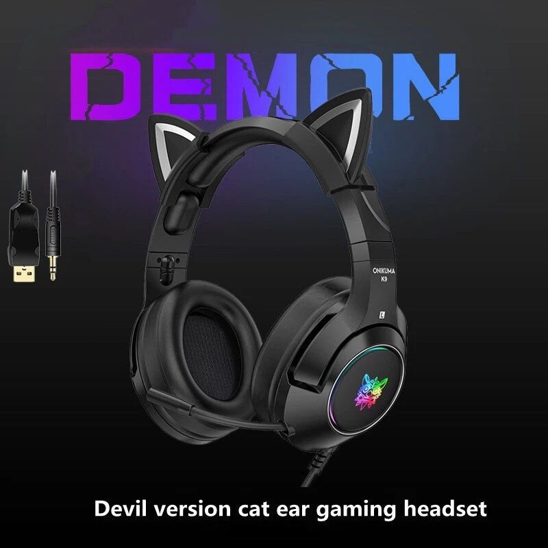 Casques de jeu avec câble USB 3.5mm, oreillettes de chat noires, son Surround et Microphone HD pour ordinateur portable