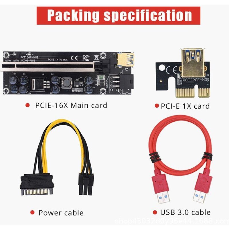 carte graphique VER009S Plus PCI E 009S, PCIE X1 à X16, 6 broches, câble USB 100, 30CM, 60CM, 3.0 CM, pour le minage de GPU