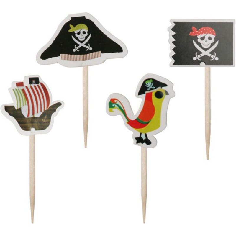Pics À Gâteaux En Bois Thème Bateau De Pirate Fruits Crème Glacée, Panneaux De Décoration De Fête, Drapeau Crâne De Bateau D'anniversaire Pour Enfants 24 Pièces