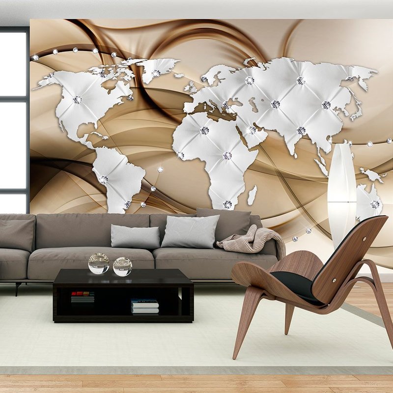 Papier peint intissé Carte du monde World Map - White & Diamonds : Taille - 250 x 175 cm