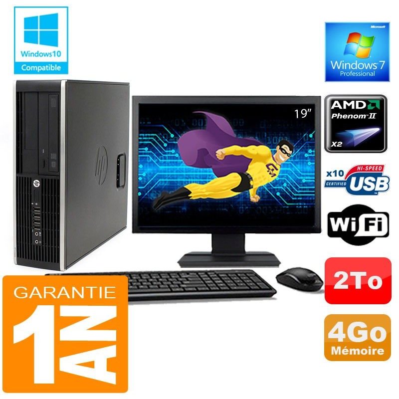 PC HP Compaq 6005 Pro SFF AMD Phenom II Ram 4Go Disque 2 To Wifi W7 Ecran 19
