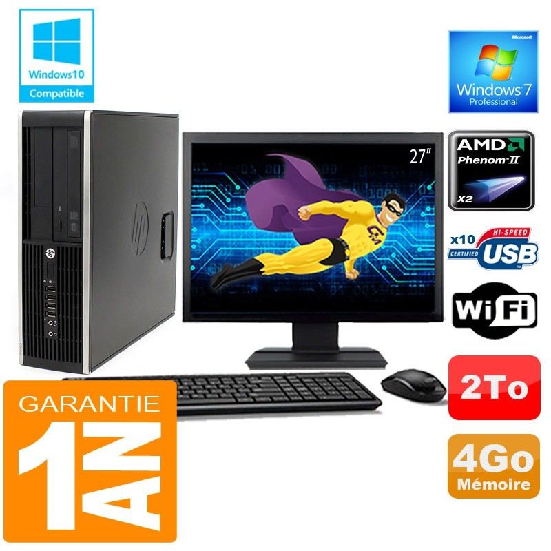 PC HP Compaq 6005 Pro SFF AMD Phenom II Ram 4Go Disque 2 To Wifi W7 Ecran 27