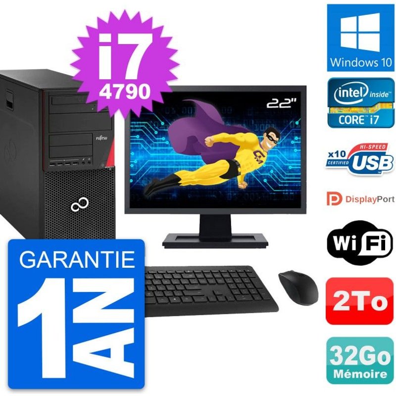 PC Tour Fujitsu P920 Ecran 22" Intel i7-4790 RAM 32Go Disque 2To Windows 10 Wifi