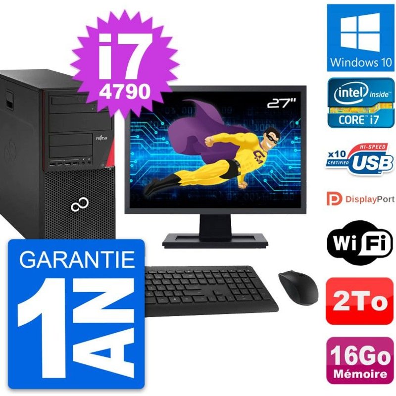 PC Tour Fujitsu P920 Ecran 27" Intel i7-4790 RAM 16Go Disque 2To Windows 10 Wifi
