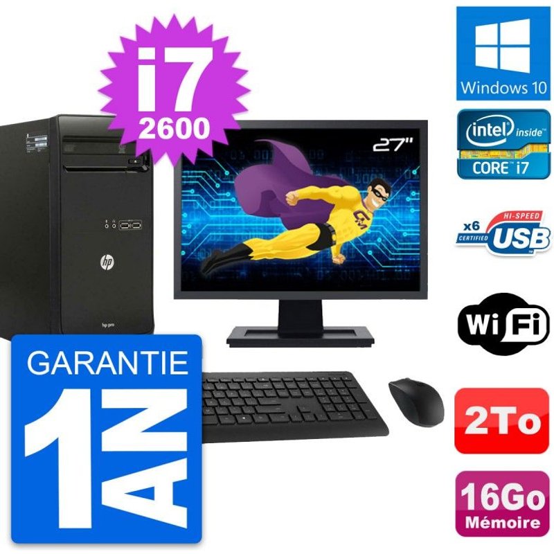 PC Tour HP Pro 3400 MT Ecran 27" i7-2600 RAM 16Go Disque 2To Windows 10 Wifi