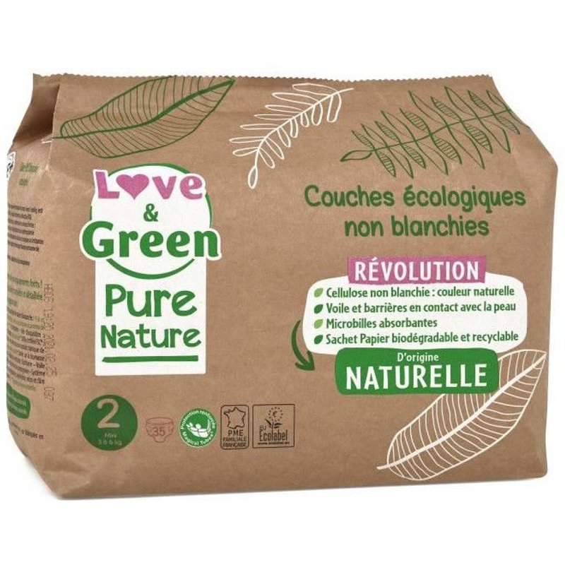 Love And Green Couches Hypoallergéniques Non Blanchies Pure Nature - Certifiées Ecolabel T2 X 35 (3 A 6 Kilos)
