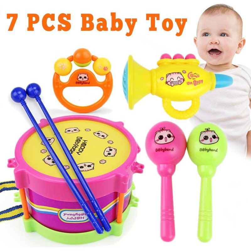 Ensemble D'instruments De Musique, Jeu De Jouets, Tambour, Trompette, Bracelet, Jouet Éducatif Pour Enfants, Petite Enfance, Cloche À Main, 7 Pièces