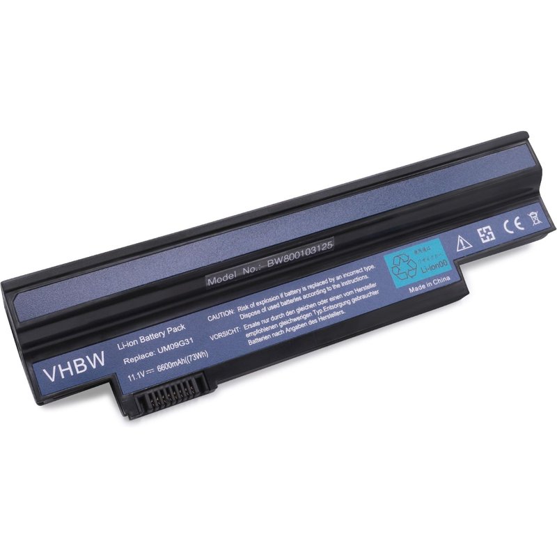 vhbw Batterie remplacement pour Acer UM09H70, UM09H71, UM09H73, UM09H75 pour ordinateur portable Notebook (6600mAh, 10,8V, Li-ion)