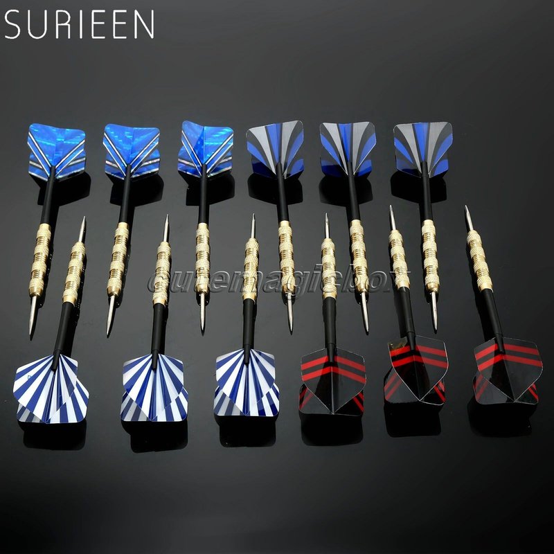 Jeu de fléchettes professionnelles à pointe aiguille en acier de 14g, avec arbres en plastique, baril en laiton plaqué fer et jolis vols de fléchettes, 4 ensembles (12 pièces)