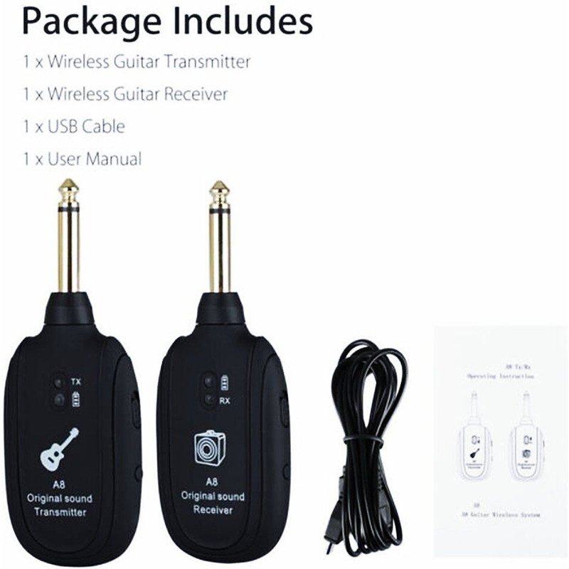 Transmetteur récepteur sans fil pour guitare A8, 50M, 4 canaux intégrés, Rechargeable, câble USB