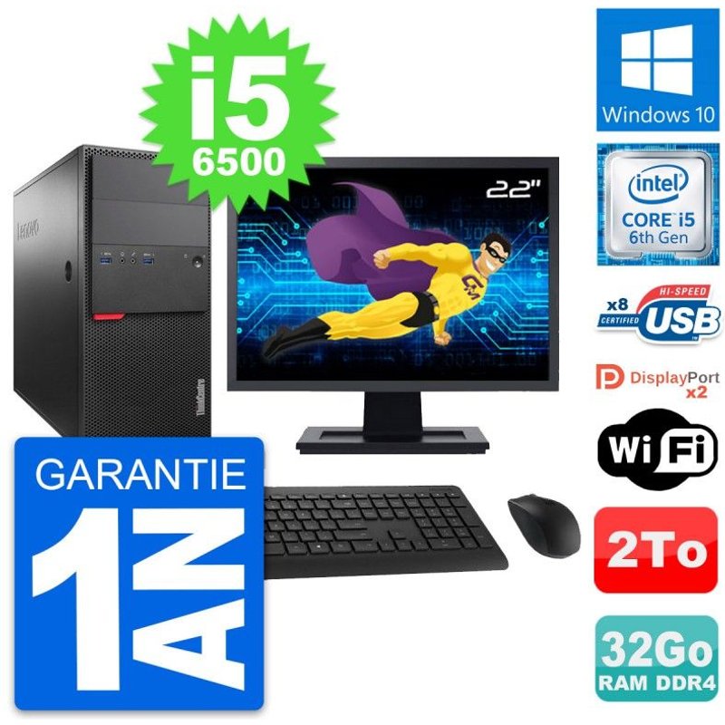 PC Tour Lenovo M800 Ecran 22" Intel i5-6500 RAM 32Go Disque 2To Windows 10 Wifi
