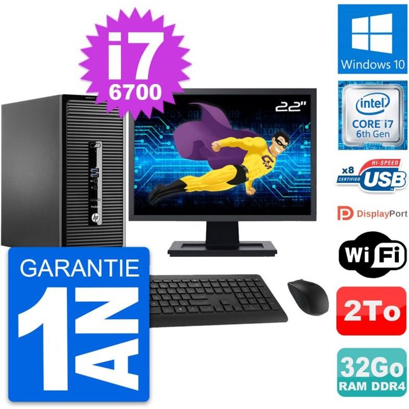 PC Tour HP 400 G3 MT Ecran 22" Intel i7-6700 RAM 32Go Disque 2To Windows 10 Wifi