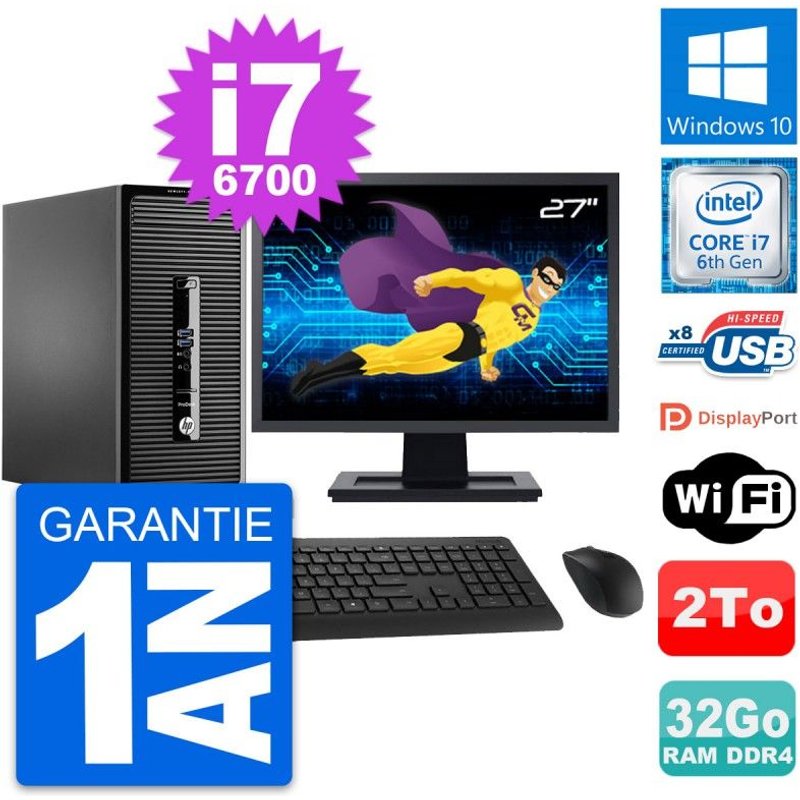PC Tour HP 400 G3 MT Ecran 27" Intel i7-6700 RAM 32Go Disque 2To Windows 10 Wifi