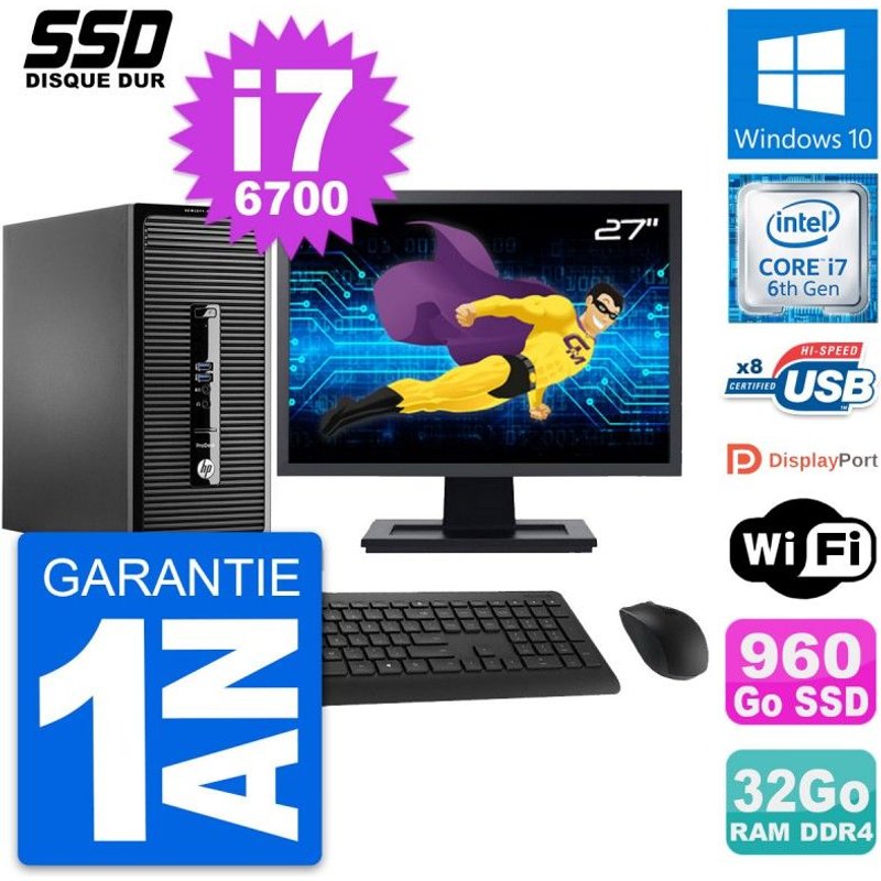 PC Tour HP 400 G3 MT Ecran 27" Intel i7-6700 RAM 32Go SSD 960Go Windows 10 Wifi