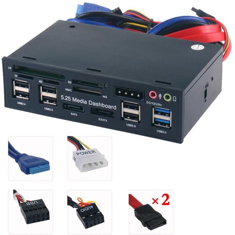 Tableau de bord multimédia PC 5.25 pouces, panneau avant Audio avec ESATA et Hub 6 SD TF, lecteur SATA 2.0 X carte 3.0 2 X USB USB MS D0T1
