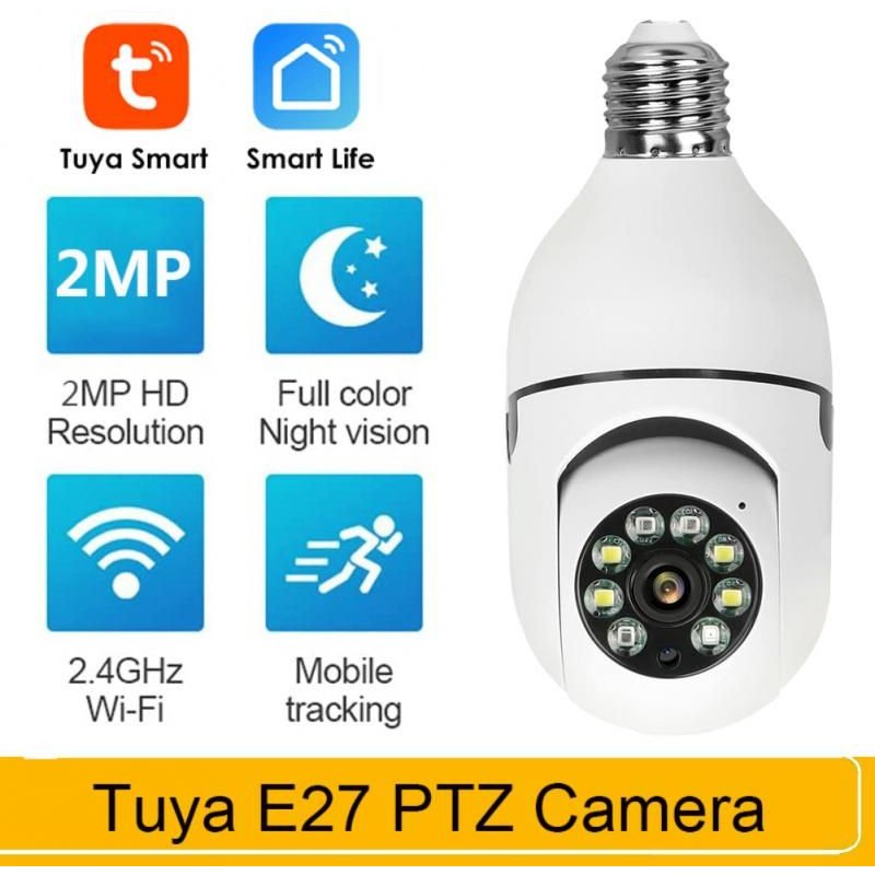 Caméra de surveillance extérieure PTZ Wifi HD (E27), dispositif de sécurité domestique sans fil, avec Vision nocturne infrarouge, suivi automatique et conversation bidirectionnelle, Tuya Smart Life