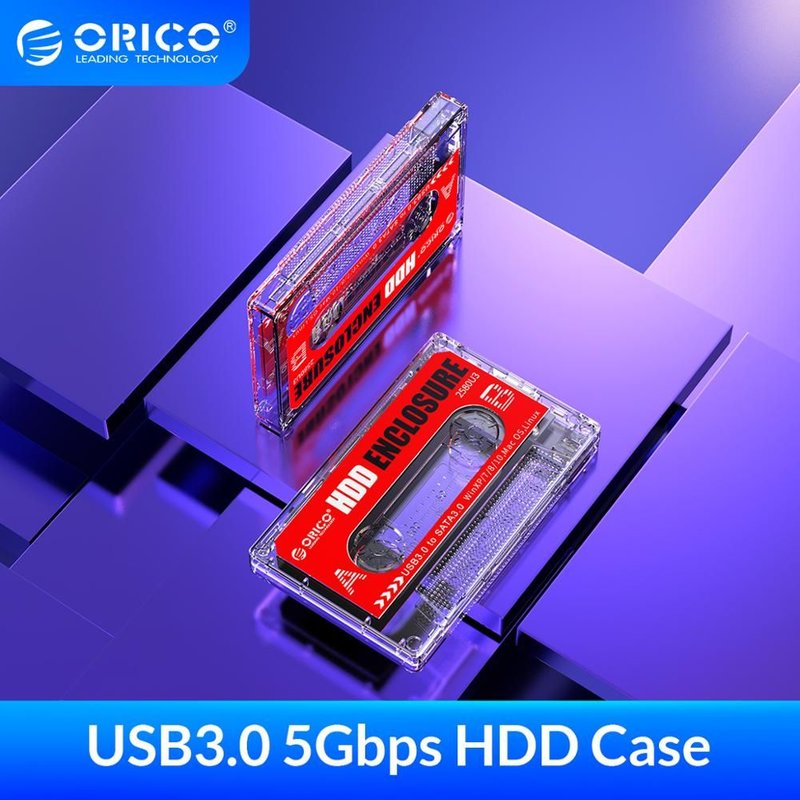 Boîtier pour disque dur externe USB 3.0, transparent, taille 2,5 pouces, style rétro cassette, autocollants, compatible HDD et SDD, 2580U3