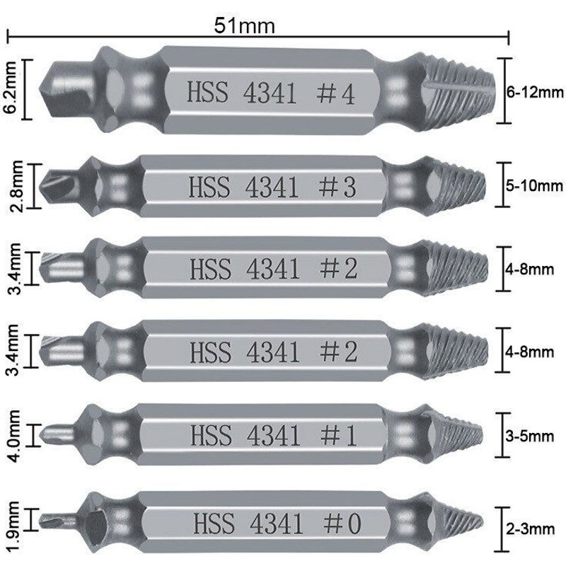 Extracteur de vis endommagé, jeu dee forets, extracteur de boulon cassé, outils de démolition faciles à retirer 6 pièces/ensemble