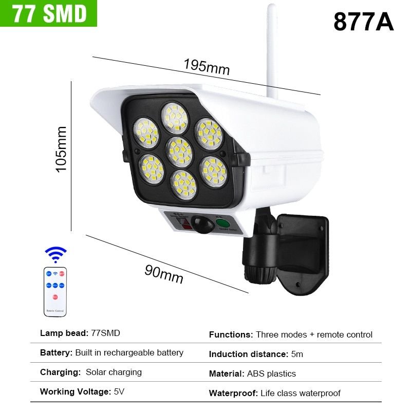 Lampe solaire d'extérieur étanche avec capteur de mouvement, éclairage de rue, caméra factice de sécurité avec télécommande