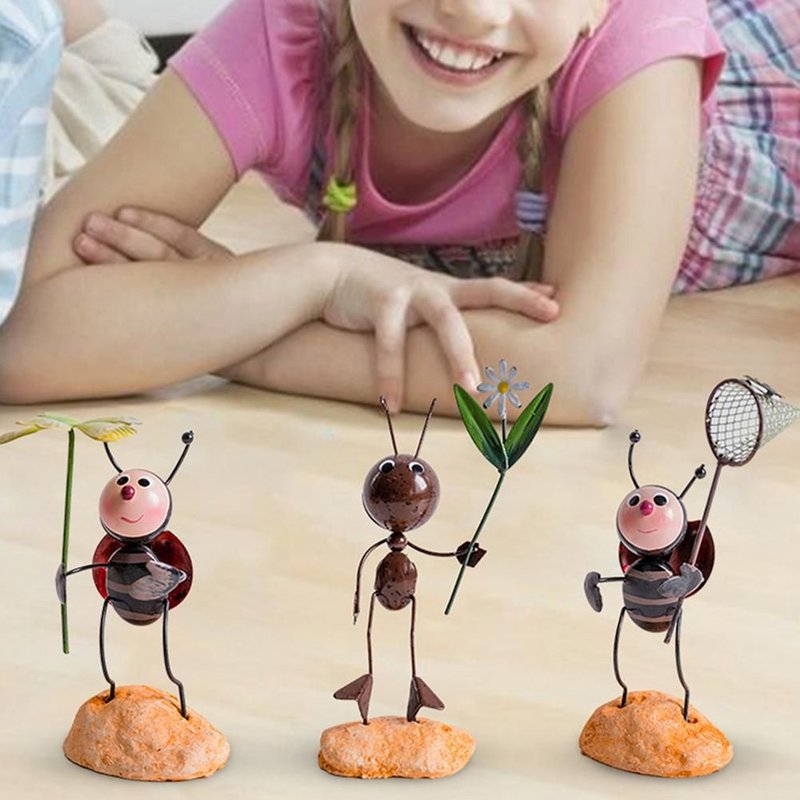 Sculpture D'Animal En Métal Pour Enfants, 3 Pièces/Ensemble, Fourmi Coccinelle, Décoration Artistique Pour La Maison, Jungle Sauvage, Zoo, Forêt, Jouets D'Action, Figurines Pour Enfants