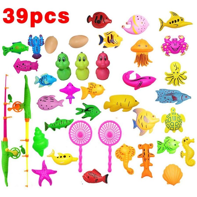 Ensemble De 39 Jouets De Pêche Magnétiques En Plastique Pour Bébé, Jeu De Bain Pour Enfants, 1 Pôle, 1 Filet, 13 Aimants, Poisson D'intérieur Et D'extérieur