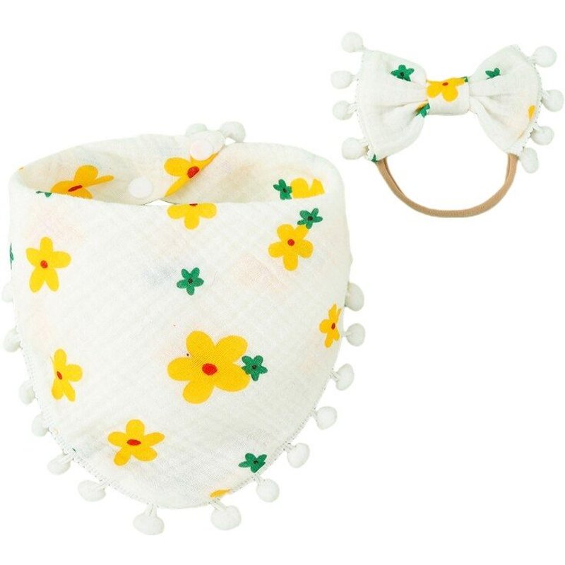 Bandeau élastique à noeud pour petites filles, ensemble de serviettes de salive, bandeau de cheveux princesse imprimé, Kit bavoir en pur coton doux, 2 pièces, D08C