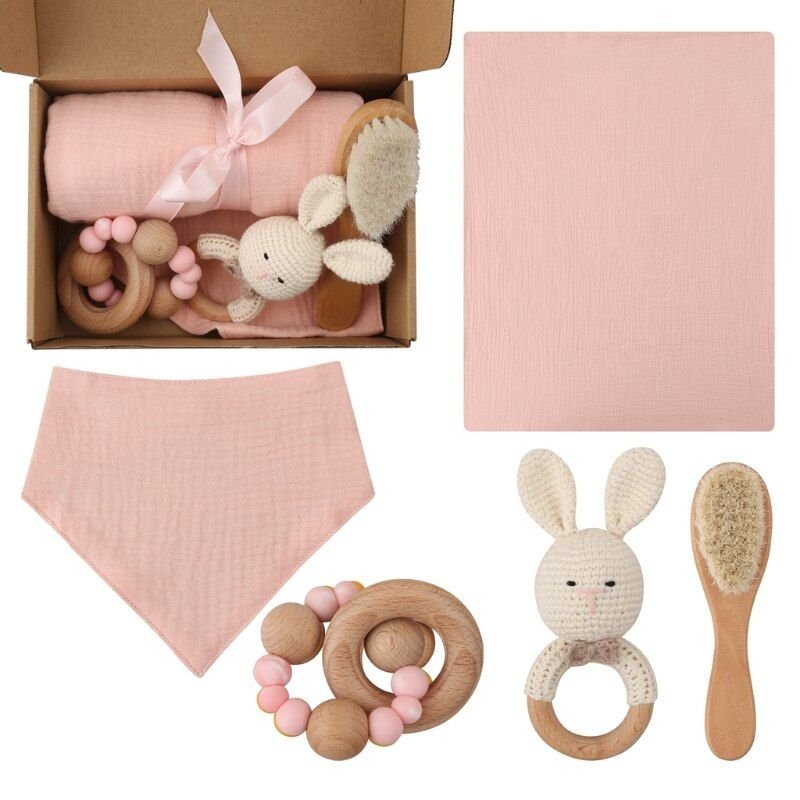 Ensemble De Jouets Pour Bébé, Hochet De Lapin Au Crochet, Brosse À Cheveux Pour Nouveau-Né, Bavoir Rectangulaire En Triangle D'alimentation, Lavage Du Visage, Bracelet De Dentition