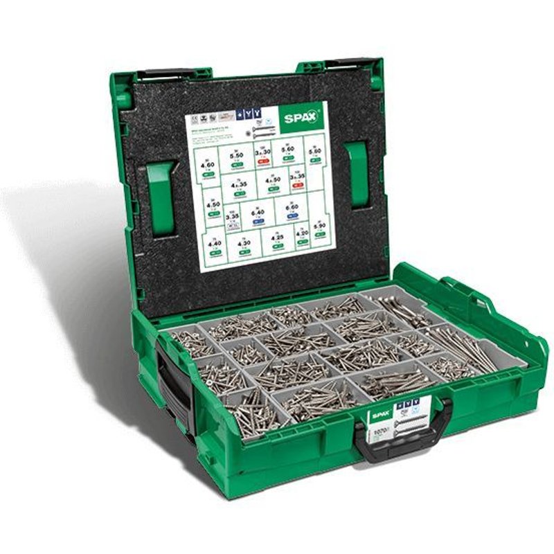 Spax Malette plastique de montage L-BOXX, Kit de vis avec 17 dimensions, TĂȘte fraisĂ©e, T-STAR plus, 4CUT, Acier spĂ©cial inoxydable A2 - 5000009165019