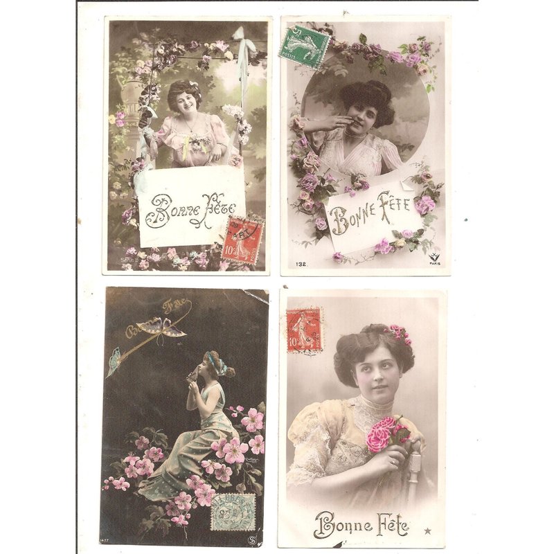 Lot De 4 Cartes Postales Anciennes "Bonne Fête"/Femmes Avec Des Fleurs
