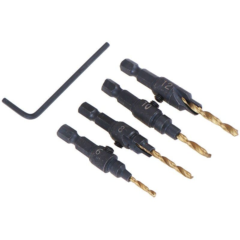 Ensemble de forets à fraise pour le travail du bois, 4 pièces, trous de perçage pour vis tailles 6 #8 #10 #12