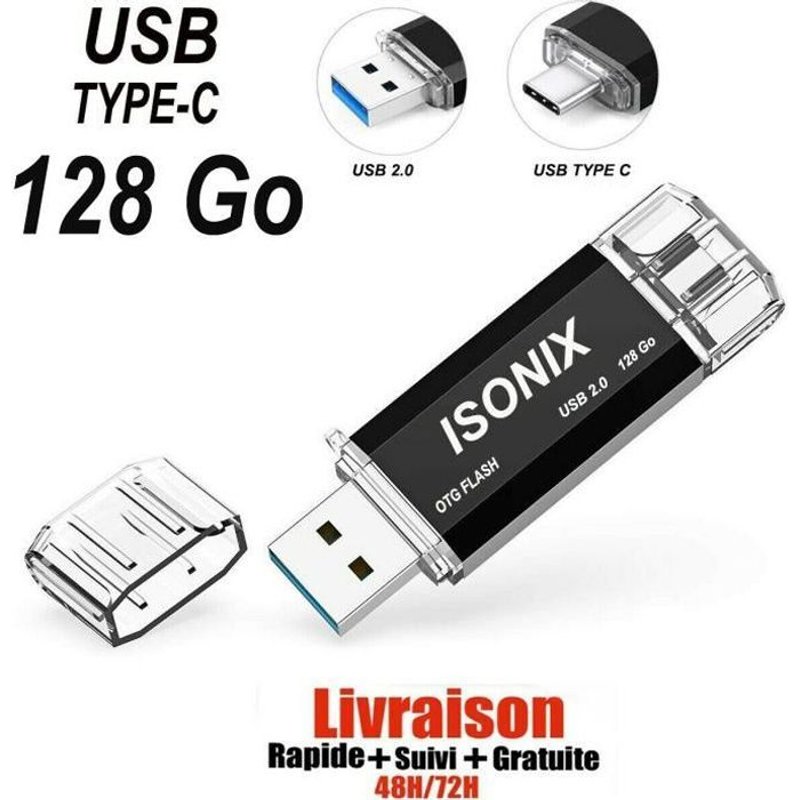 Clé USB 128 Go Type C 2 en 1 USB OTG Pendrive pour Samsung Huawei-Noir