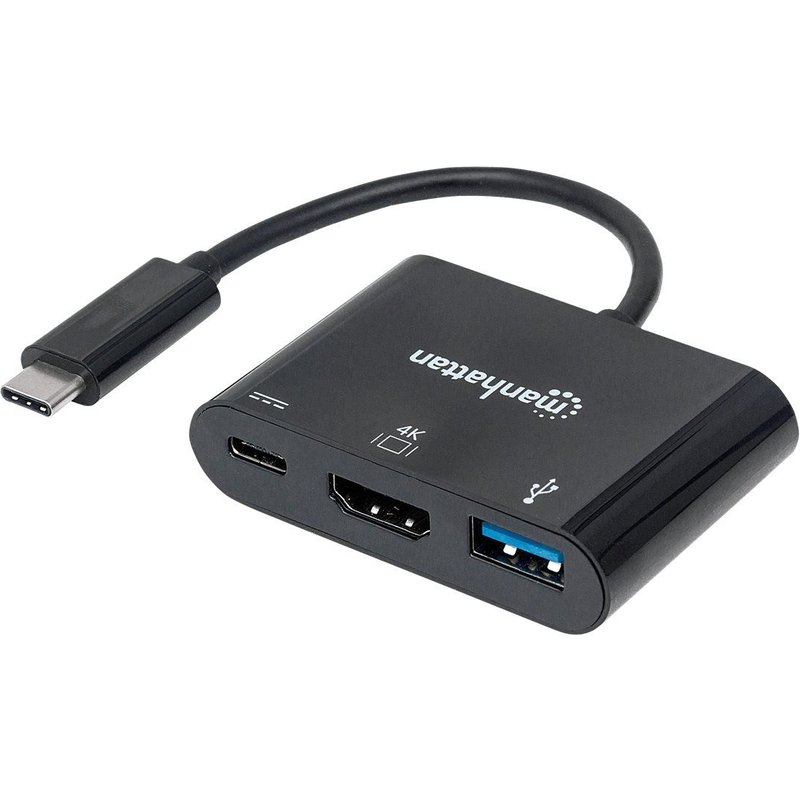 Manhattan USB-C Dock/Hub, Ports (x3): HDMI, USB-A and USB-C, 5 Gbps (USB 3.2 Gen1 aka USB 3.0), With Power Delivery (60W) to USB-C Port (Note additional USB-C wall charger and USB-C cable...