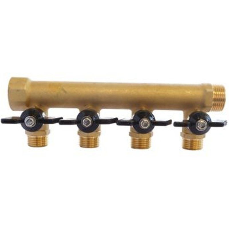Collecteur laiton avec mini-vannes intégrées 4 départs M15/21 - Entrée F20/27 - Sortie M20/27 Somatherm for you