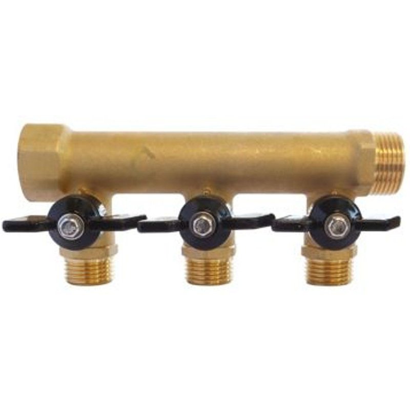 Collecteur laiton avec mini-vannes intégrées 3 départs M15/21 - Entrée F20/27 - Sortie M20/27 Somatherm for you