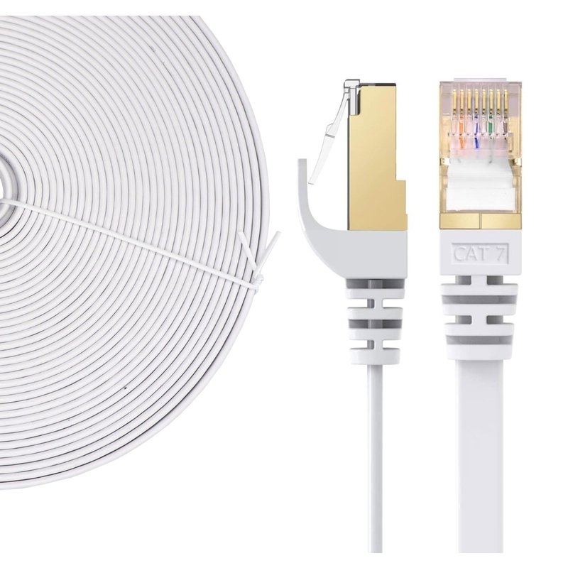 Elfcam® - Câble Réseau Ethernet RJ45, Cat 7 STP 100% Cuivre, Câble Plat, 32 AWG, Blanc (0,5M)