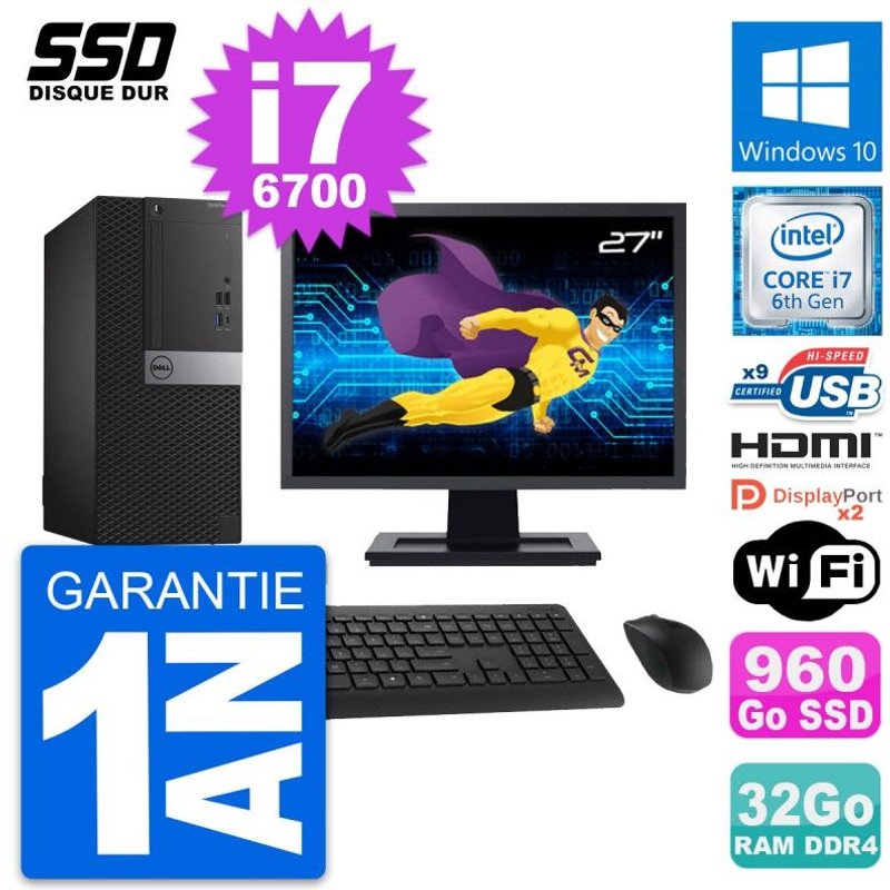 PC Tour Dell 7050 Ecran 27" Core i7-6700 RAM 32Go SSD 960Go HDMI Windows 10 Wifi