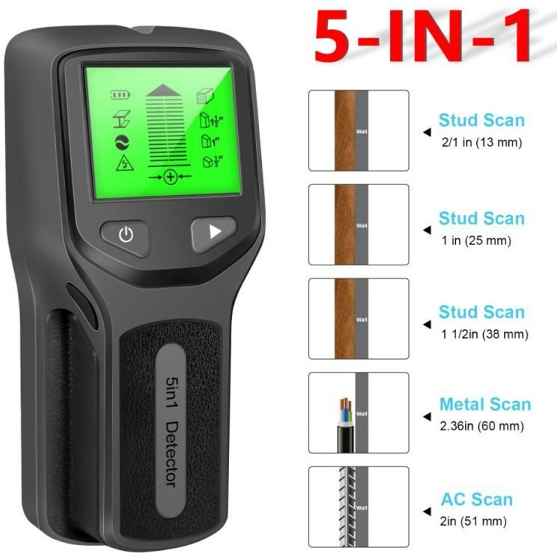 Détecteur de métaux 5 en 1, rétro-éclairé, bois noir, détecteur de câbles, fils, profondeur, Scanner mural, Instrument d'affichage numérique LCD