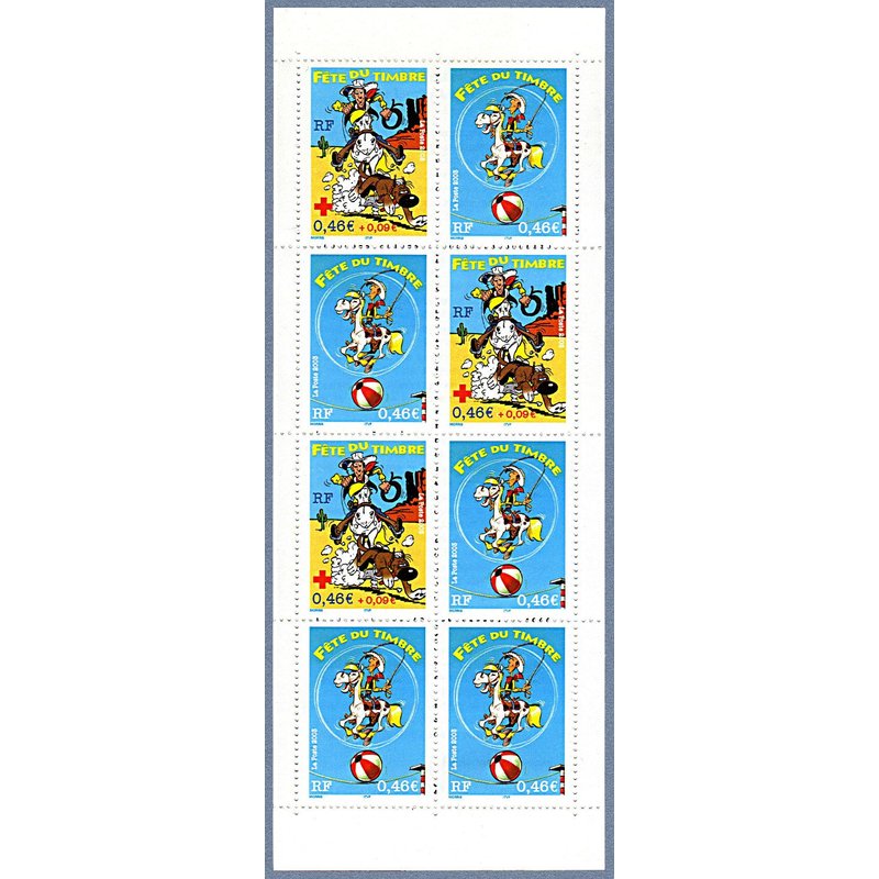 France 2003, Très Belle Bande Carnet Neuve** Luxe Yvert 3546a, Fête Du Timbre, 10 Timbres 3546 Et 3547, Lucky Luke, Avec Et Sans Surtaxe Au Profit De La Croix Rouge.